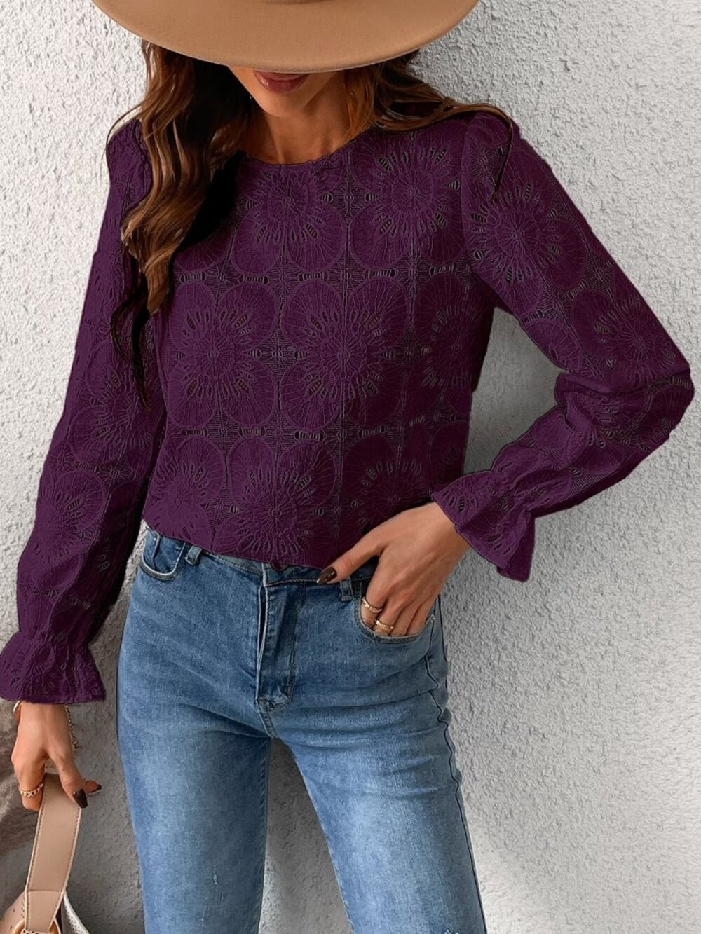 Cupshe Eyelet Crochet Lace Embroidered Blouse Top | Long Sleeve | Size L